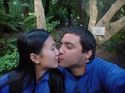 Smurfs kissing in botanical gardens