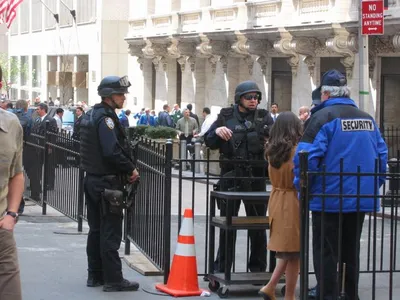Fully armed police protect the Stock Exchange