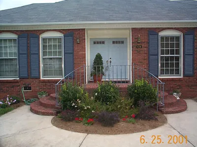A close-up of the front of the house
